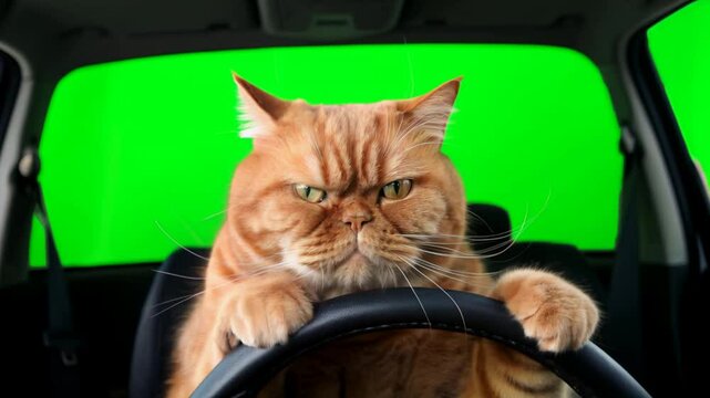 Serious angry cat sitting in driver seat, paws on steering wheel, pet driving the car on green screen. Funny pet, bad cat driver. Animal in car concept, driving down the road. Pet drive car chroma key