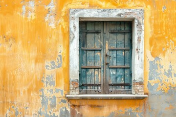  Yellow concrete wall with old wooden window in european city. Detailed photo textured background