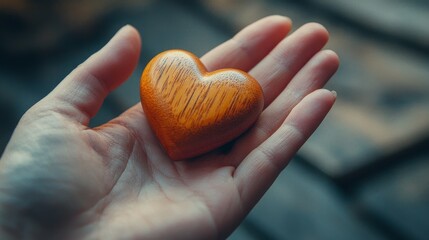 Closeup image of wooden heart gently in a hand. Representing leader with caring, empathy and respect. Gentle and supportive leader type.