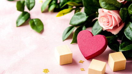 Romantic Valentine's Day scene with roses, heart, and wooden blocks.