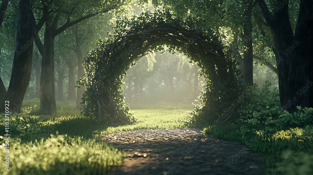 Poster magical portal with arch made with tree branches in shady green forest, open door to alternative dim
