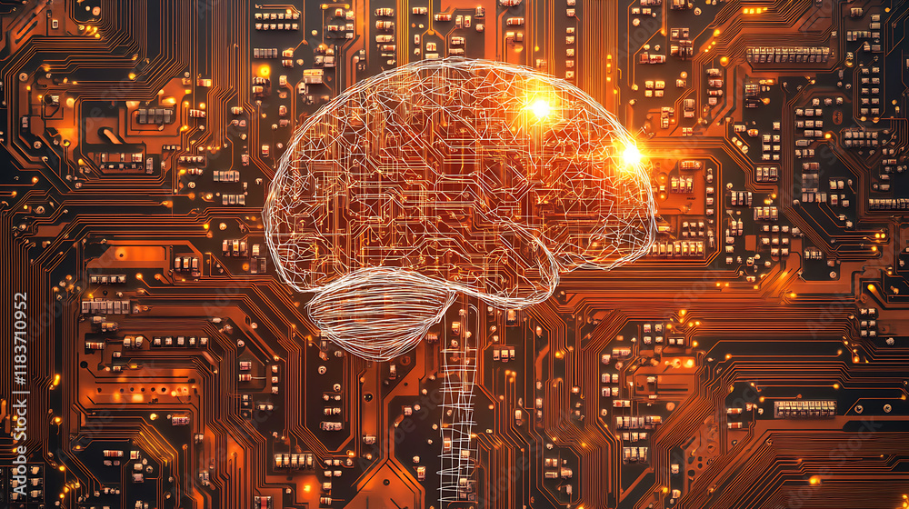 Aufkleber Machine learning, artificial intelligence, ai, deep learning blockchain neural network concept, brain made with shining wireframe above cpu on circuit