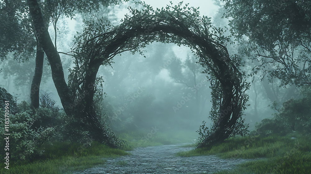 Poster magical portal with arch made with tree branches in shady green forest, open door to alternative dim