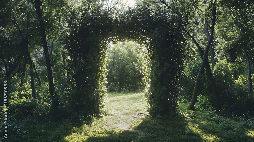 Poster magical portal with arch made with tree branches in shady green forest, open door to alternative dim