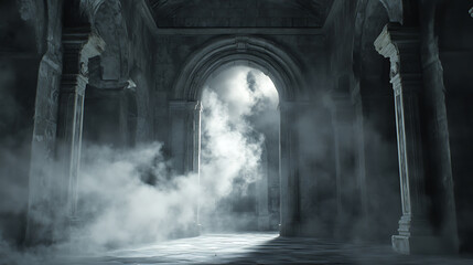 Majestic stone portal and light smoke clouds in dark hall