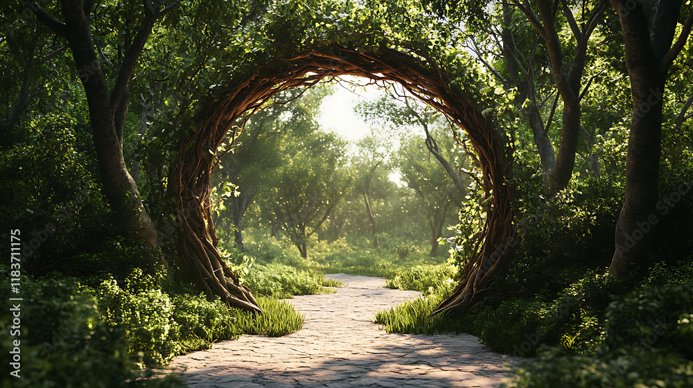 Poster magical portal with arch made with tree branches in shady green forest, open door to alternative dim