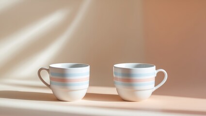 Fototapeta premium Two striped coffee cups on a vibrant pastel background in a bright and cheerful setting during the afternoon