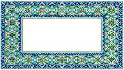 Obraz premium Decorative colored rings frame with geometric patterns in blue and green hues surrounding a white background, frame decor , blue frames