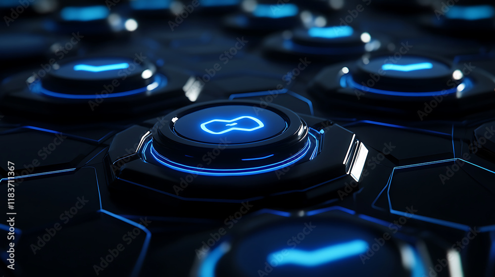 Leinwandbilder modern 3d graphic with abstract blue futuristic guard shields in power buttons protection, cyber sec