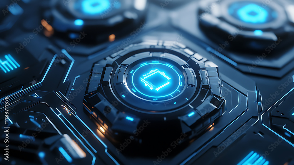 Poster Modern 3d graphic with abstract blue futuristic guard shields in power buttons protection, cyber security, and insurance concepts geometric background wireframe light connection structure modern 3d