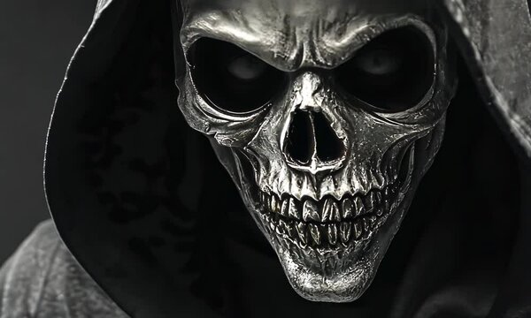 Hooded figure with skull mask in dark themed attire