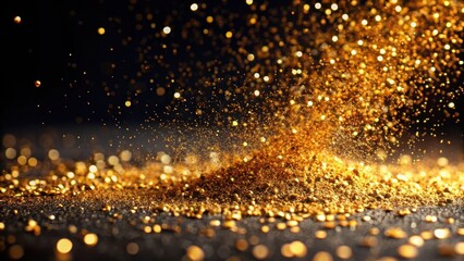 Sparkling gold glitter powder scattered on a dark and sleek black background with subtle texture, creating a mesmerizing effect, decoration, luxury