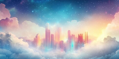 Celestial City Atop Fluffy Clouds Underneath Starry Skies