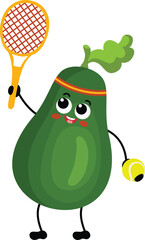 Cute avocado mascot character playing tennis