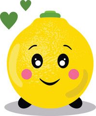Funny happy yellow lemon mascot with green hearts