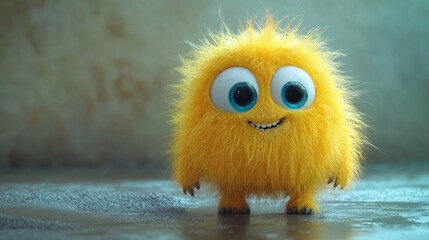 Fototapeta premium Cute yellow little monster, a furry texture, blue background, lovely style, 3d rendering