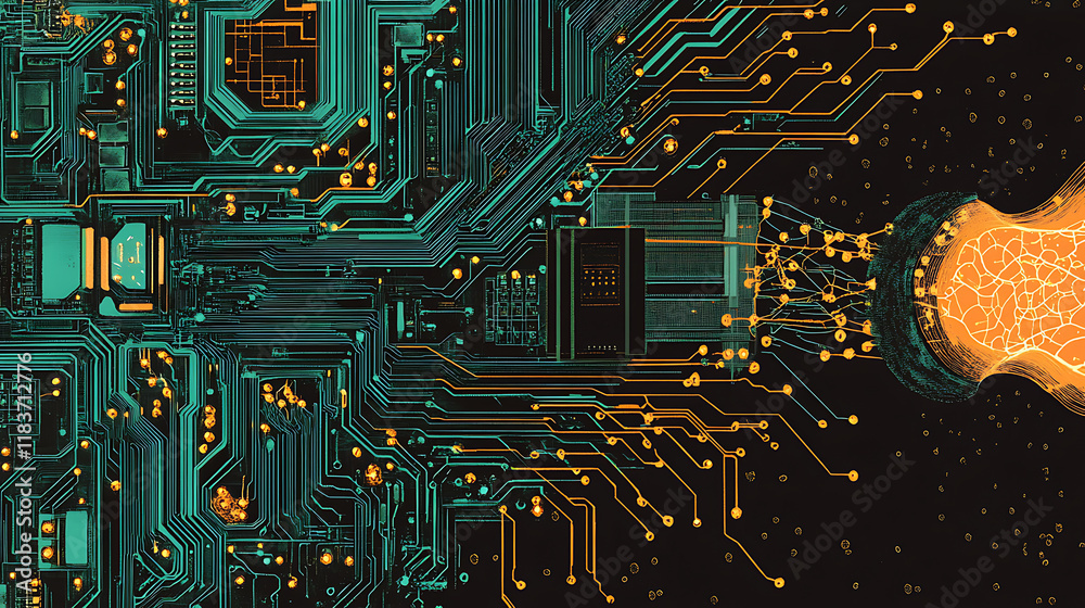 Aufkleber neuronal network concept with chip and circuits, illustration