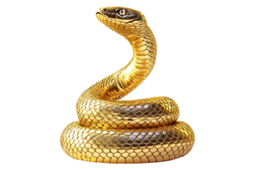 Coiled golden snake sculpture with detailed scales isolated on white transparent background, reptiles or wildlife, symbolizing Chinese Lunar New year