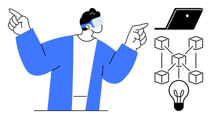 Man wearing VR headset points at various technological elements including laptop, blockchain cubes, and light bulb. Ideal for innovation, tech trends, virtual reality, blockchain, digital