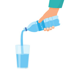 Hand pouring water from bottle into a glass