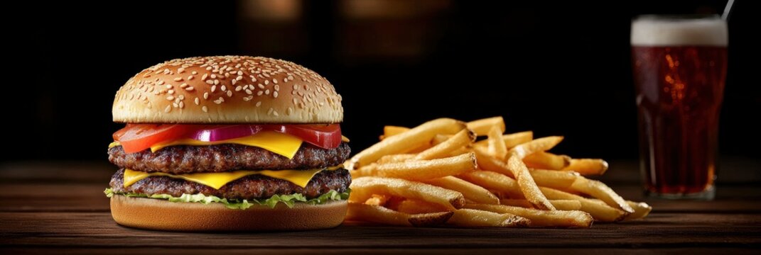 Delicious big meat burger with fries and soda on a wooden table and dark background