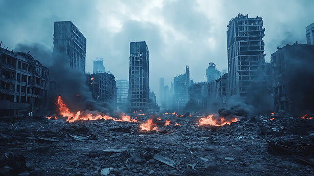 Post-apocalyptic cityscape: a view of the destroyed buildings, burning rubble, and polluted environment in a dystopian world
