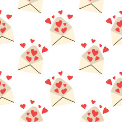 Envelope with hearts seamless pattern. Love letter, Valentine’s Day symbol. Vector isolated on white background. 