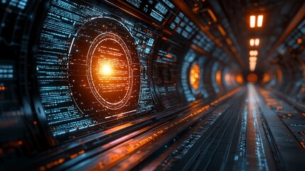 Futuristic digital tunnel with glowing interface.