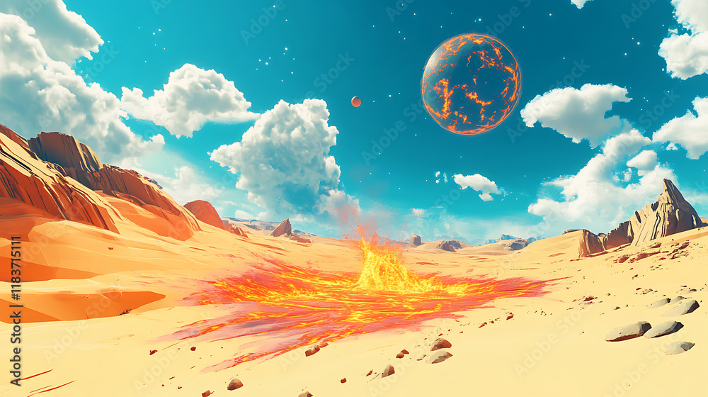 Aufkleber Raster illustration of uninhabited sandy desert with magma flowing through it and space objects in the sky, sputnik, planet, plasma, volcanic eruption, cosmonaut, science, 3d artwork