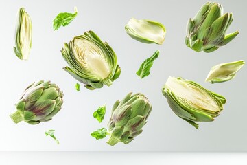 Naklejka premium Green artichokes and slices hovering in the air Clipping path