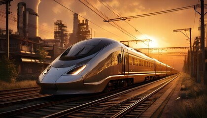 Fototapeta premium Modern train at sunset