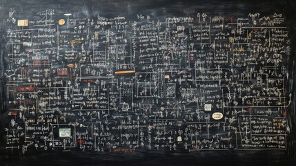 Intricate Mathematical Equations and Formulas on a Dark Board