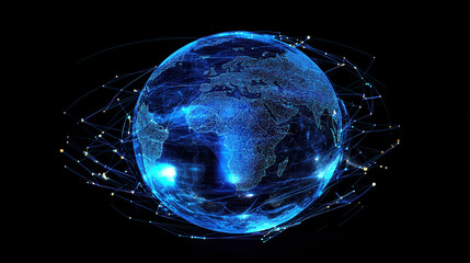 Digital blue Earth with glowing lines and a global network connection on a black background