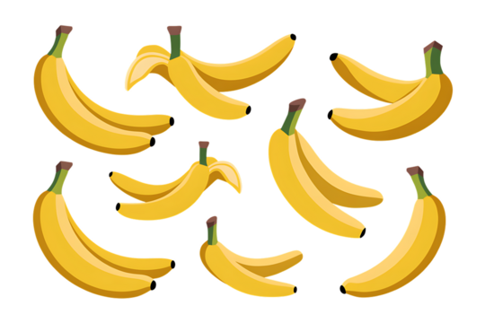 Bunch of bananas are shown in a row. On transparent background. Png file