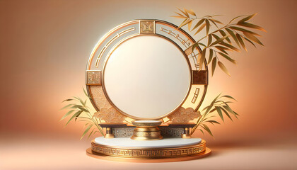 Chinese new year A refined Chinese-inspired scene with a circular frame, adorned with geometric patterns along the si4