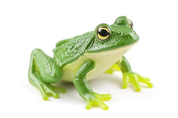 Fototapeta premium Green frog toy made of plastic on a white backdrop