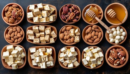 Traditional Italian Torrone Arranged with Nuts and Honey in Rustic Bowls
