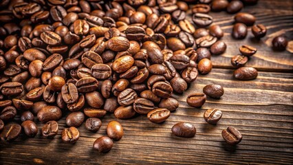Fototapeta premium Detail photo of roasted coffee beans scattered on a wooden table, highlighting their earthy tones and irregular shapes, with a hint of brown oil on the surface, nature, roast