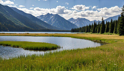 Fototapeta premium Panorama serein de montagnes et lac alpin
