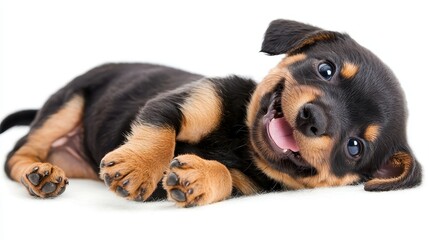 Obraz premium A playful puppy lies on its back, looking cheerful and ready for fun, showcasing its adorable features and joyful personality.