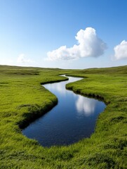 Serene Stream Winding Through Lush Green Meadow Under a Blue Sky