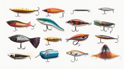 A variety of fishing lures displayed on a white background, including a wobbler and a popper, designed for game art, game assets, 2D flat design, vector graphics, detailed illustrations, realistic pho