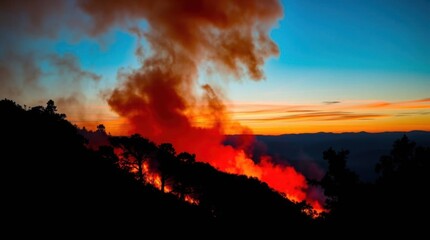 Vivid sunset creates dramatic backdrop for wildfires along the mountainside