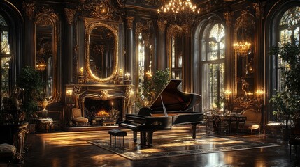 Fototapeta premium Grand Piano in Opulent Gold and Black Ballroom