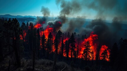 Obraz premium Enormous wildfire engulfs forest landscape under striking blue sky at dusk