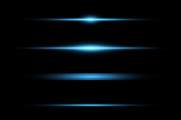 Set of blue horizontal glare. Abstract laser beams. Vector illustration.