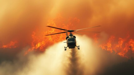 Fototapeta premium Helicopter battling fierce wildfire under a dramatic orange sky at sunset