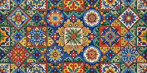 Traditional Mexican tile seamless pattern with vibrant colors and intricate designs, featuring geometric shapes and floral motifs