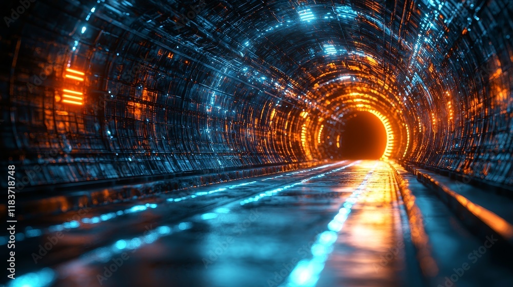 Poster blue abstract radial lines form a geometric background with a data flow tunnel and an explosion star