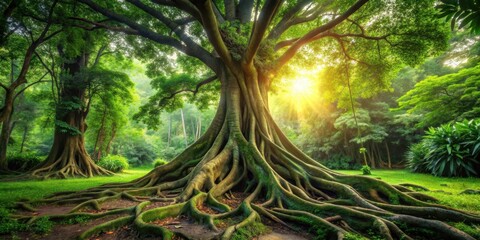 Fototapeta premium Ancient tree with extensive root system in lush green jungle surroundings, outdoors, foliage, outdoors, foliage
